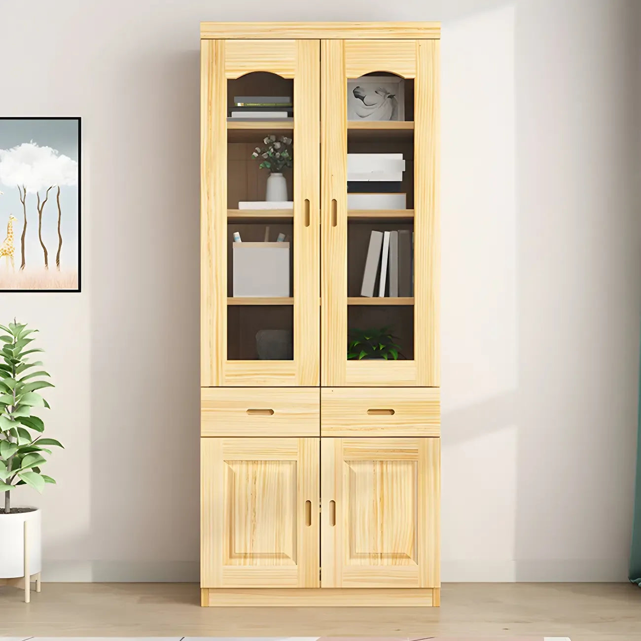 Libreria antica in legno a 5 ripiani con ante in vetro