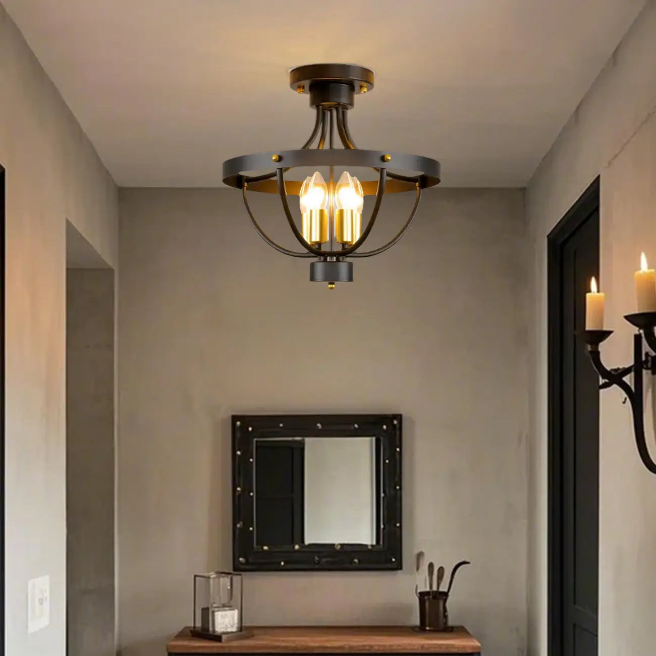 Plafonnier semi-encastré de style industriel en forme de cage pour chambre à coucher