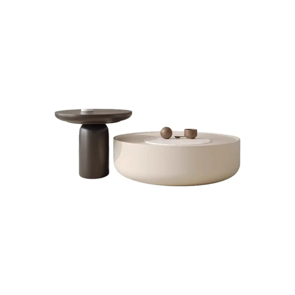 Table basse ronde moderne en pierre blanche avec rangement