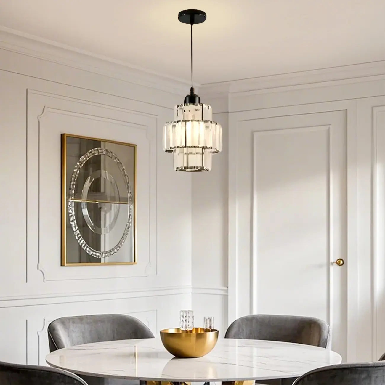 Elegante lampada a sospensione cilindrica in cristallo trasparente per sala da pranzo