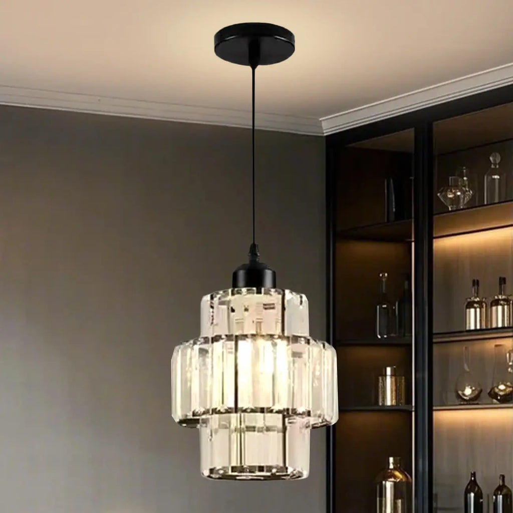 Elegante lampada a sospensione cilindrica in cristallo trasparente per sala da pranzo