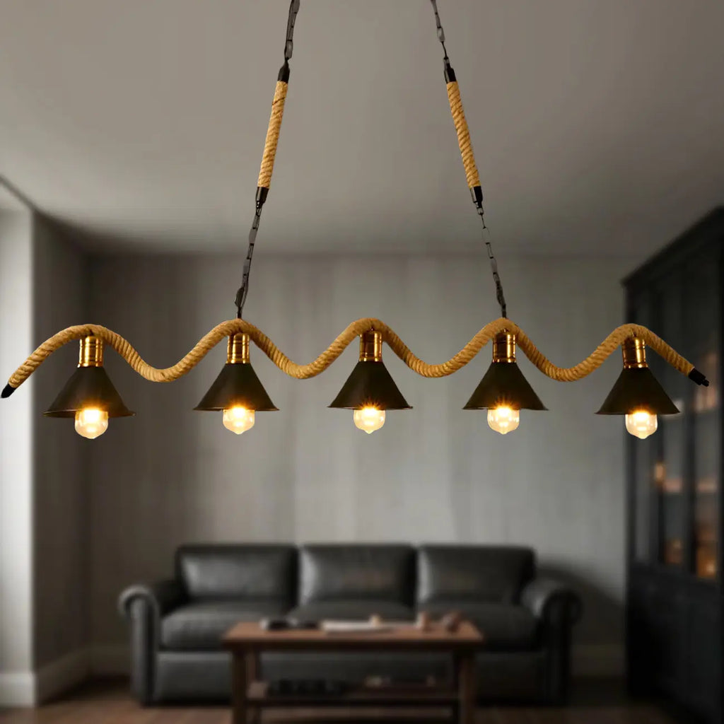 Suspension industrielle en métal et corde de chanvre
