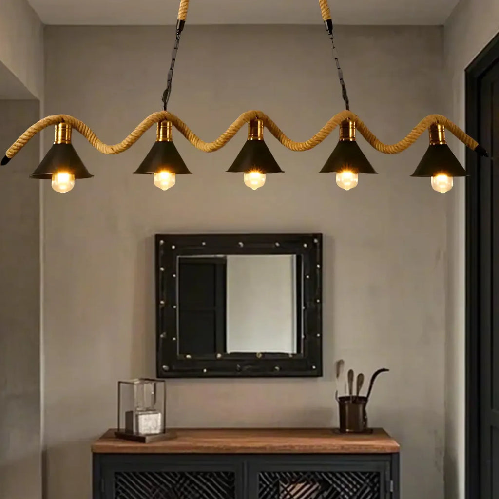 Suspension industrielle en métal et corde de chanvre