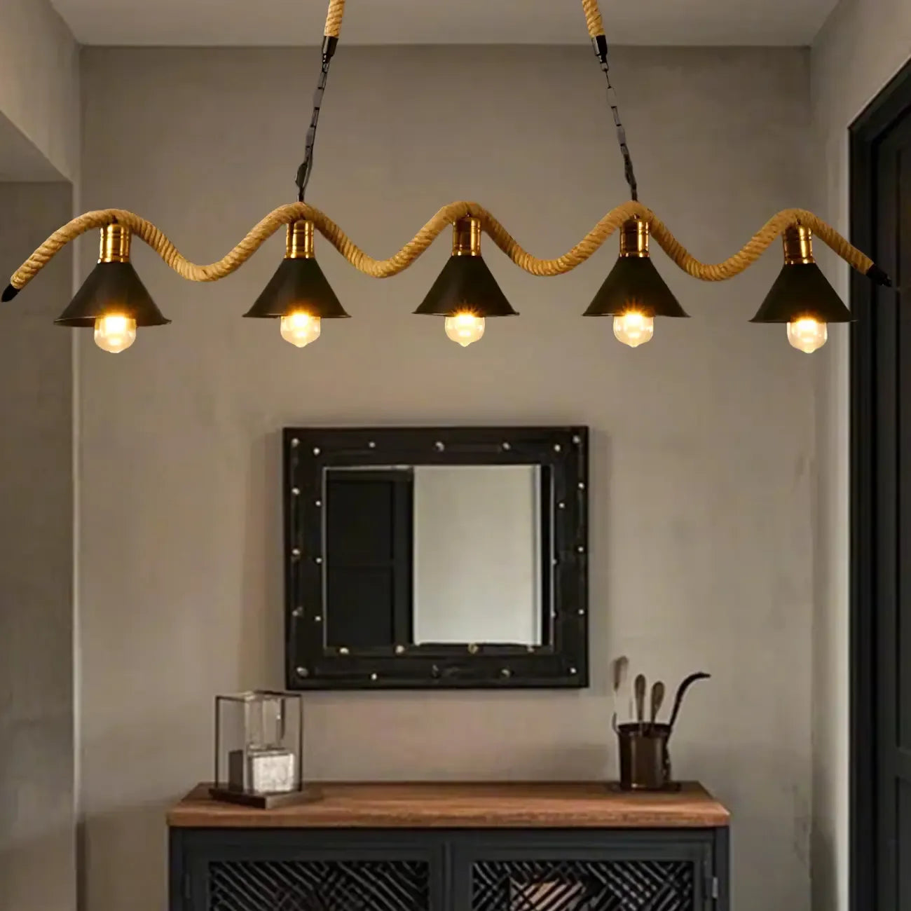 Suspension industrielle en métal et corde de chanvre