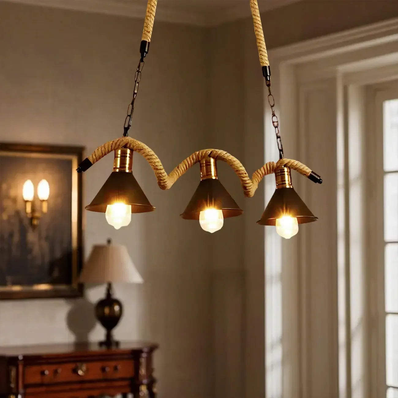 Suspension industrielle en métal et corde de chanvre