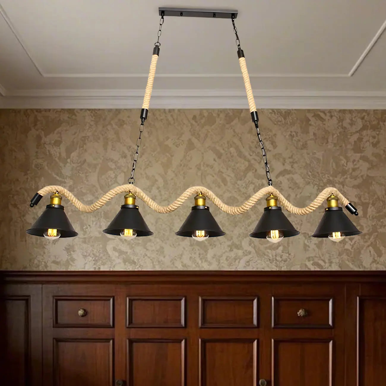 Suspension industrielle en métal et corde de chanvre