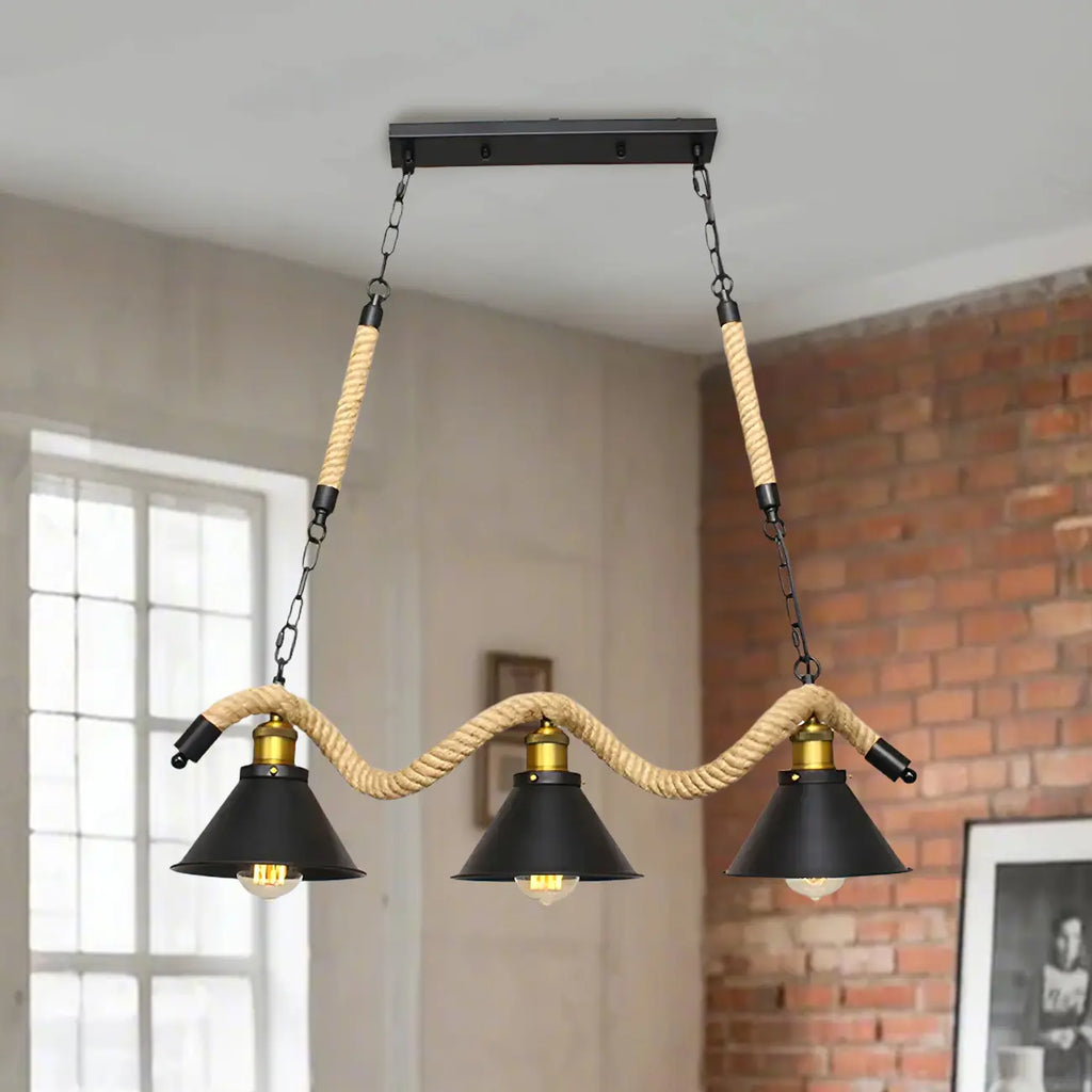 Suspension industrielle en métal et corde de chanvre