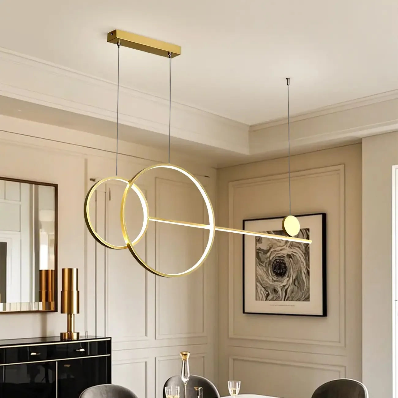 Grande suspension LED circulaire dorée pour îlot de cuisine