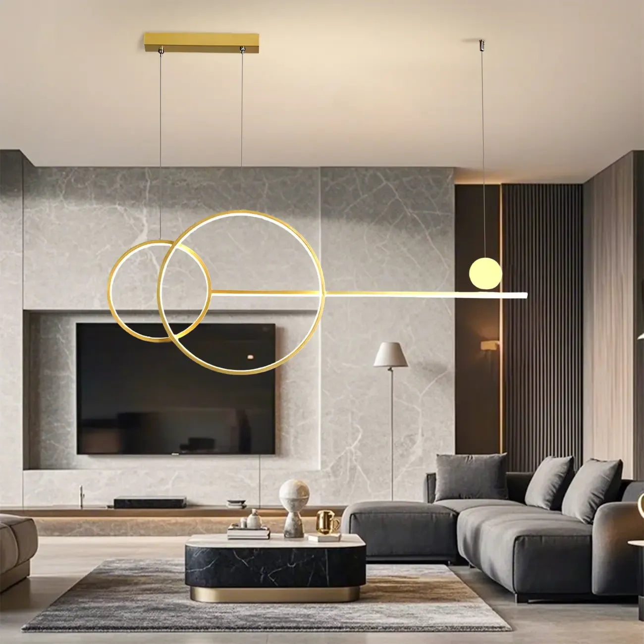 Grande suspension LED circulaire dorée pour îlot de cuisine