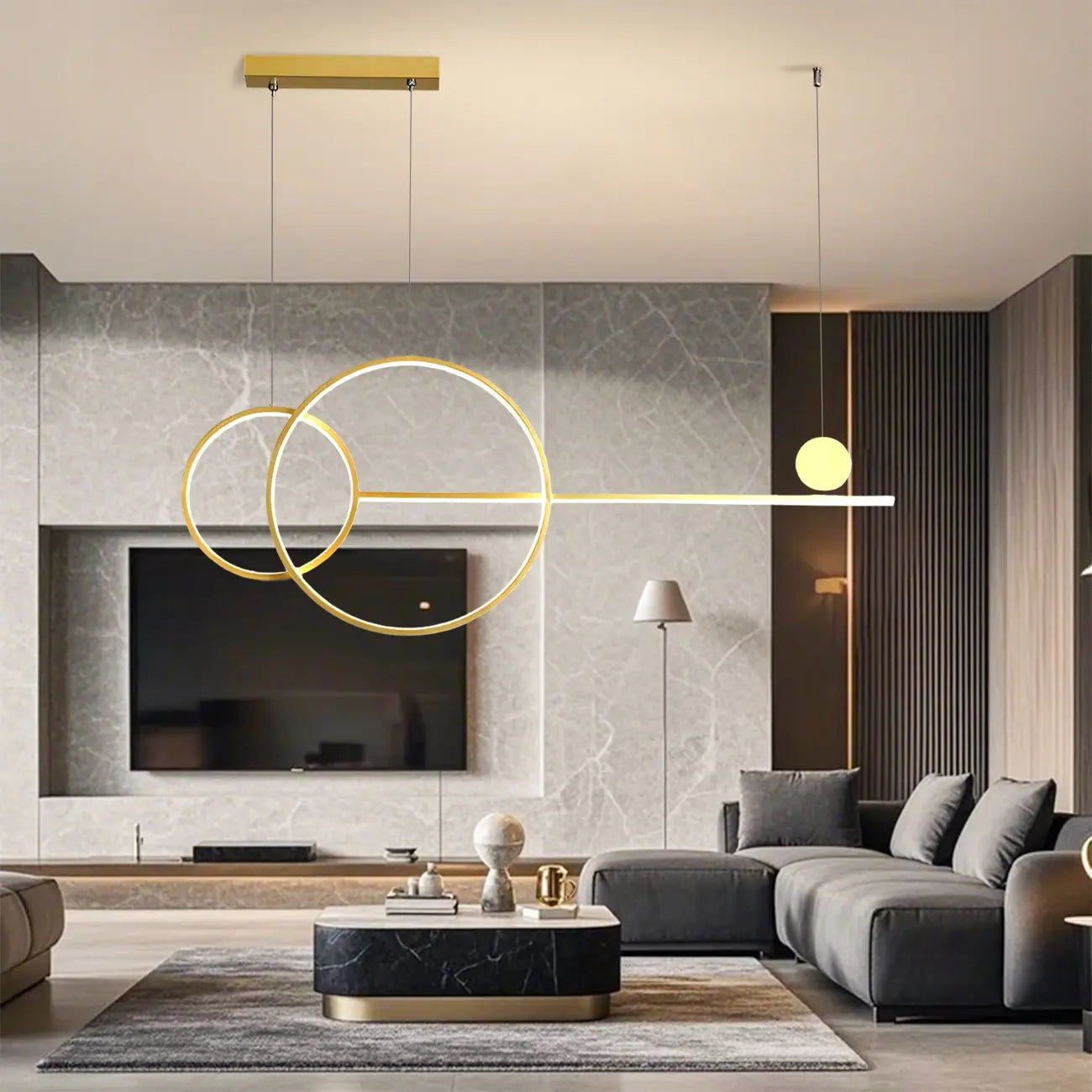 Grande suspension LED circulaire dorée pour îlot de cuisine