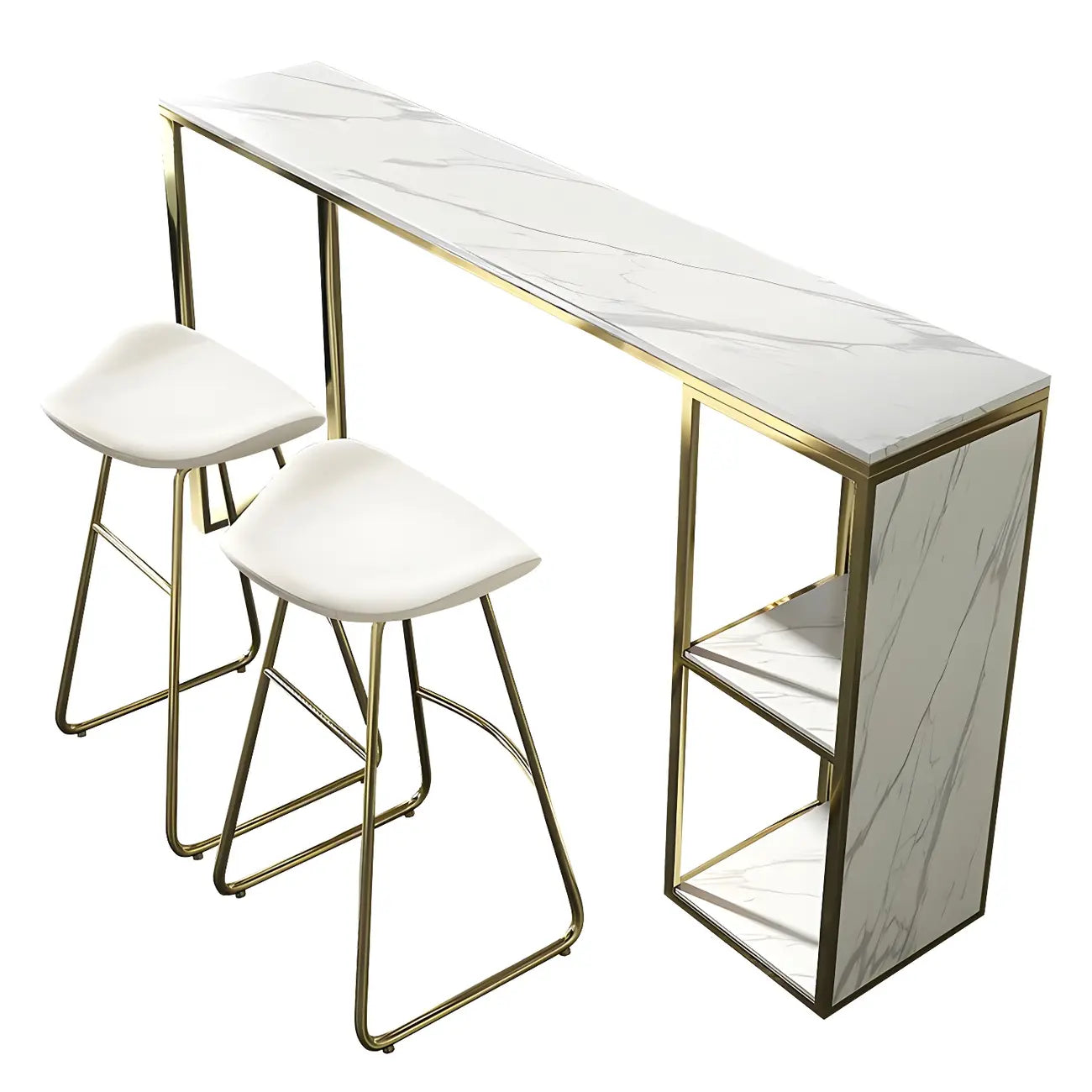 Tables de bar glamour blanches en faux marbre et fer doré à deux étagères