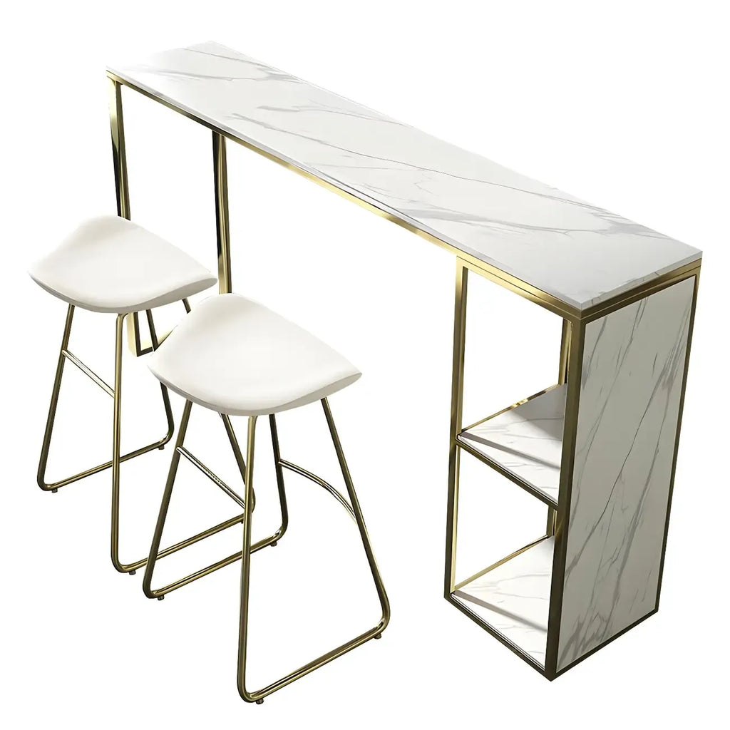 Tables de bar glamour blanches en faux marbre et fer doré à deux étagères