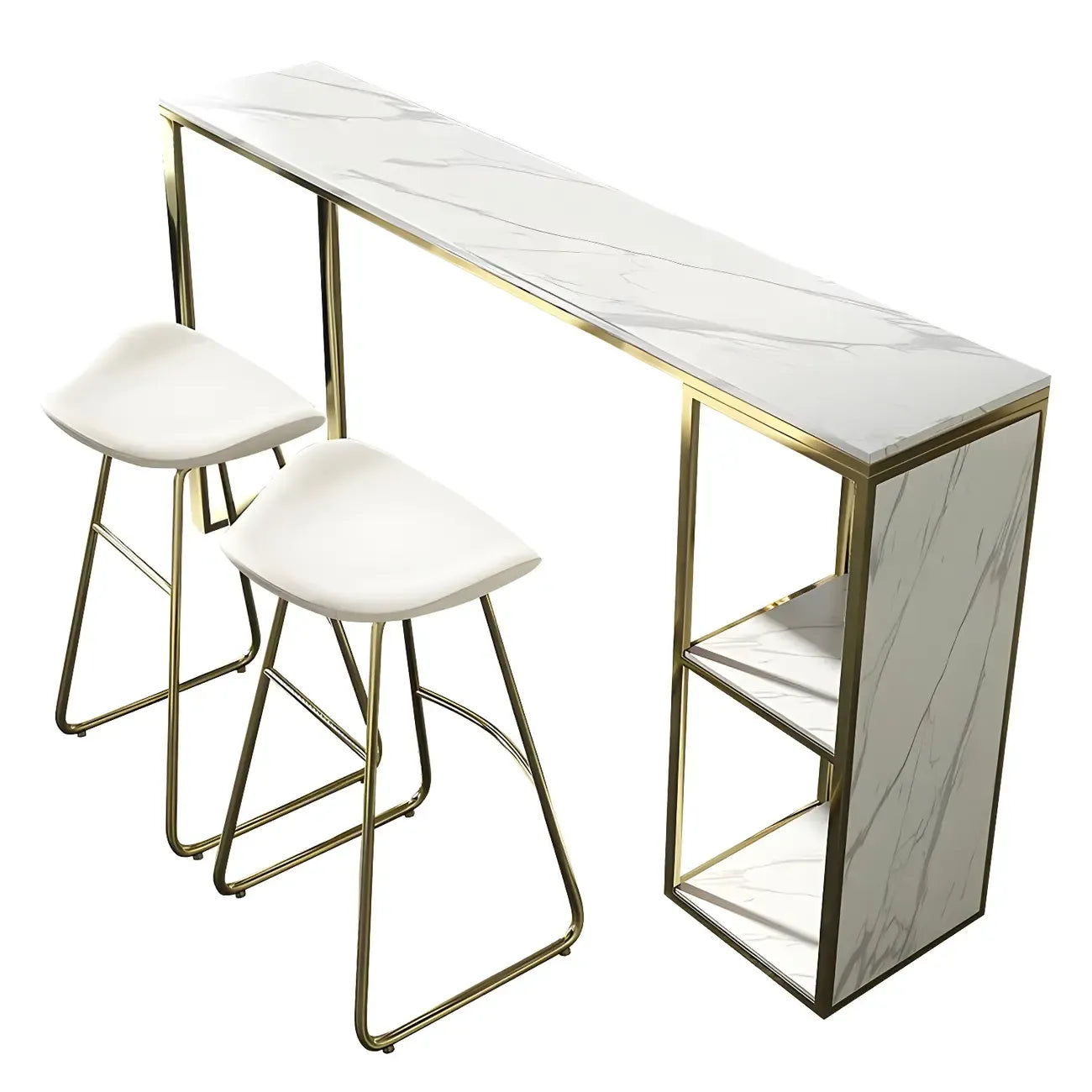 Tables de bar glamour blanches en faux marbre et fer doré à deux étagères