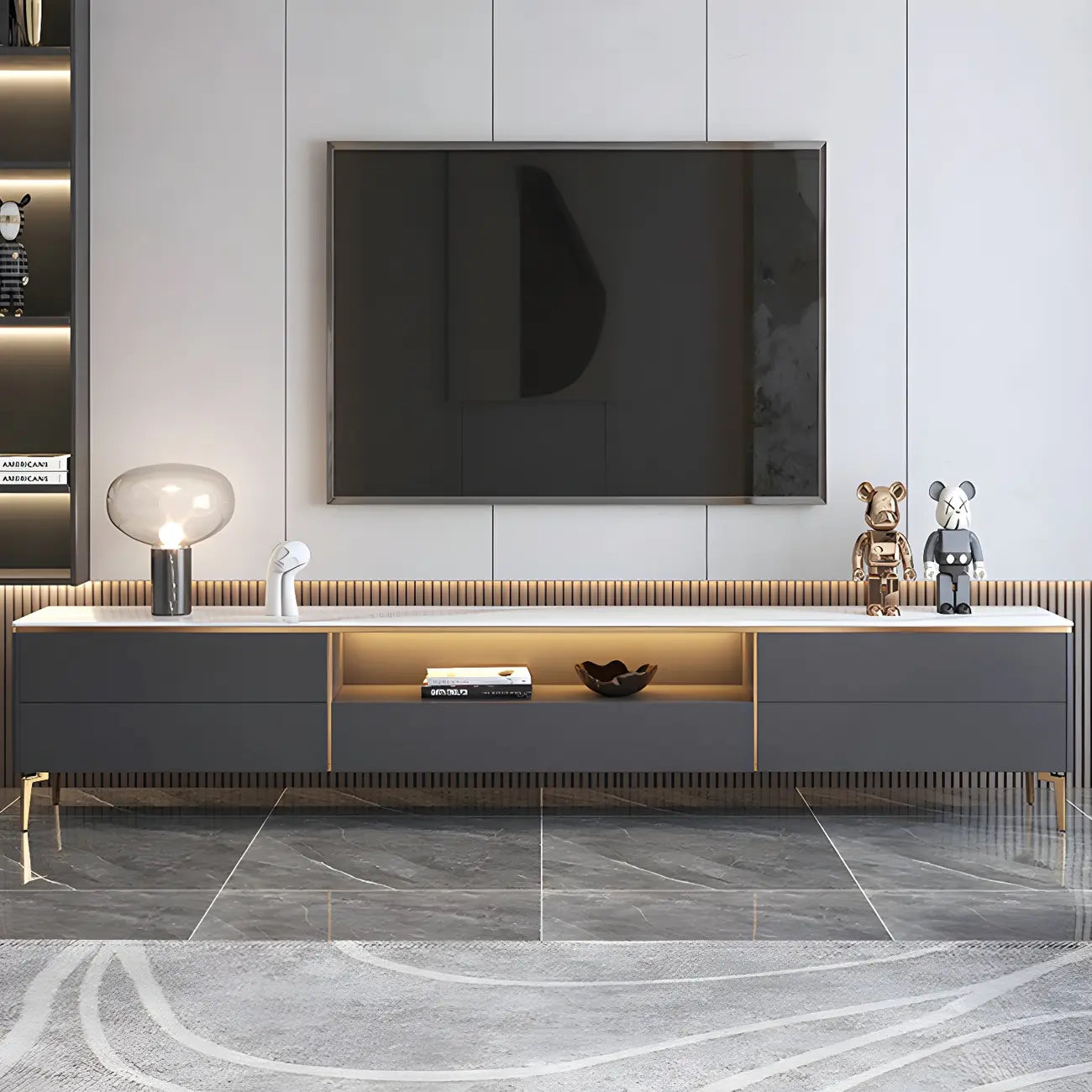 Mobile TV con piano in pietra bianca elegante, illuminazione LED e 63 vani contenitore