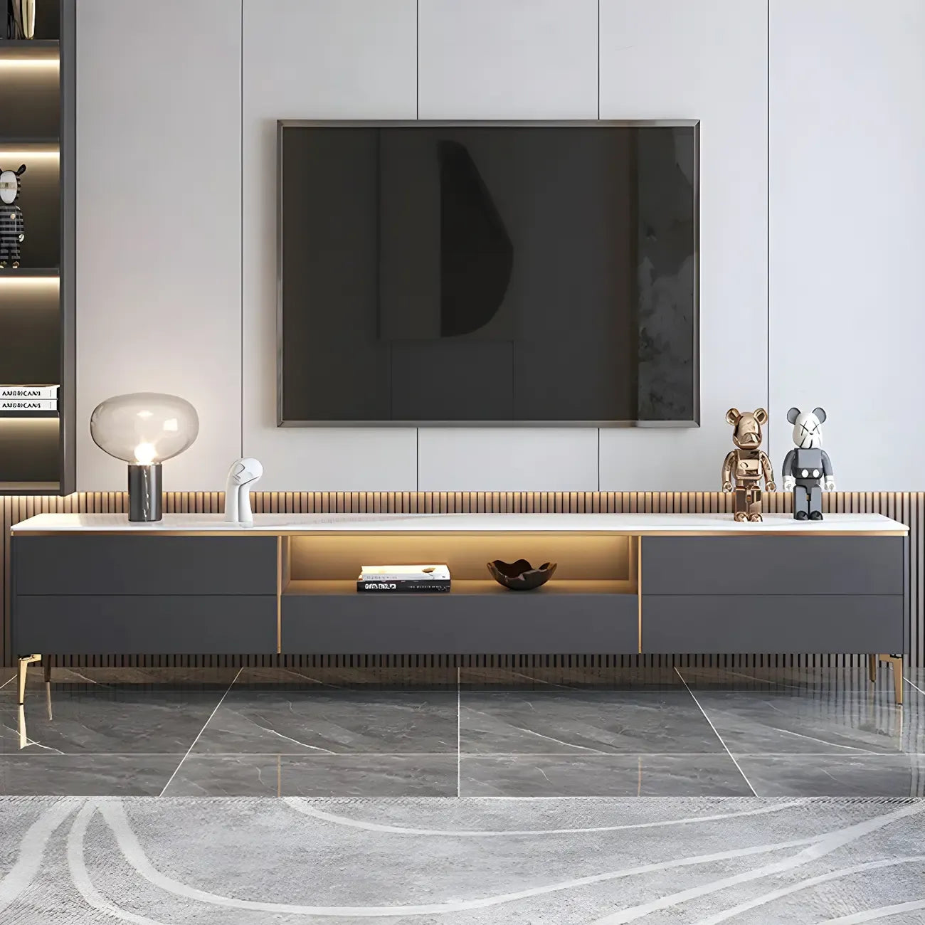 Mobile TV con piano in pietra bianca elegante, illuminazione LED e 63 vani contenitore