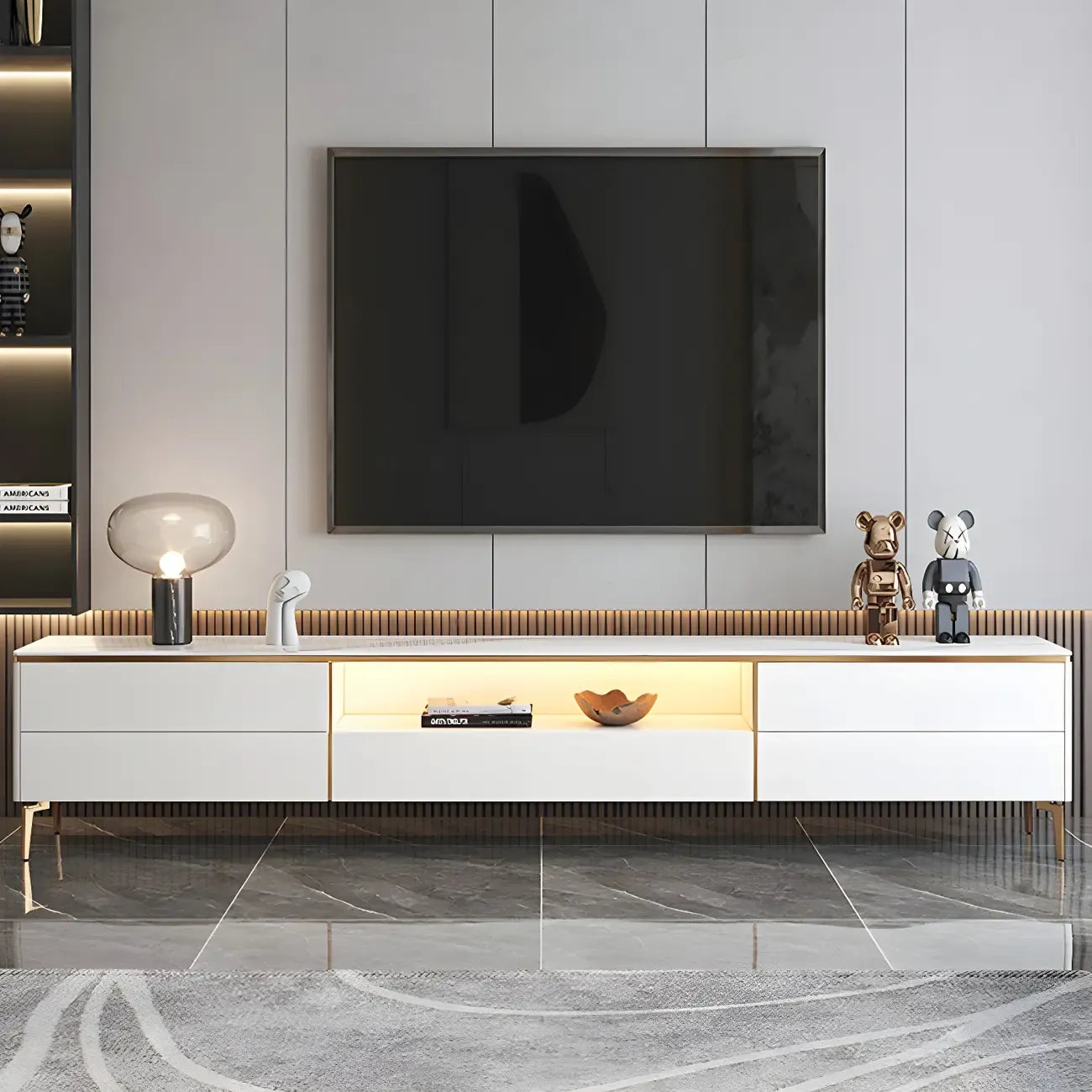 Mobile TV con piano in pietra bianca elegante, illuminazione LED e 63 vani contenitore