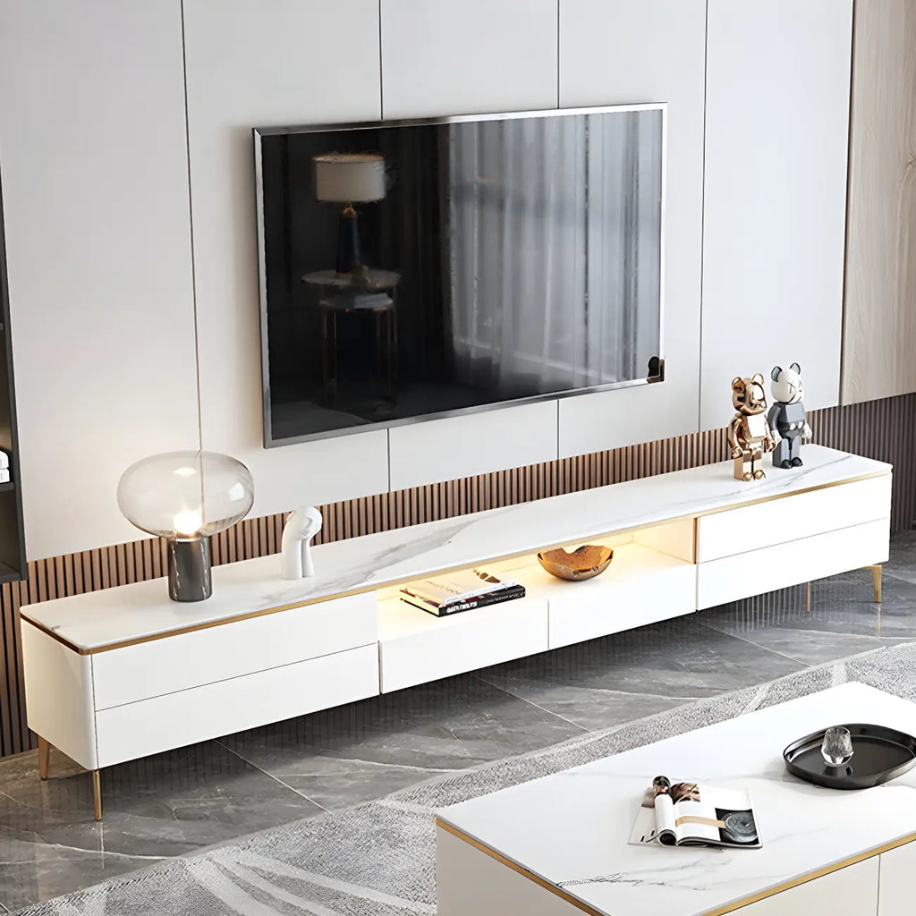 Mobile TV con piano in pietra bianca elegante, illuminazione LED e 63 vani contenitore