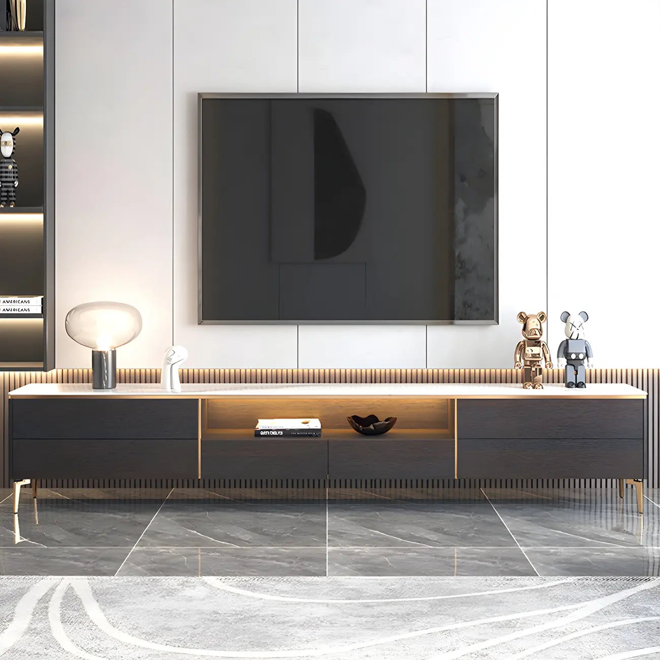 Mobile TV con piano in pietra bianca elegante, illuminazione LED e 63 vani contenitore