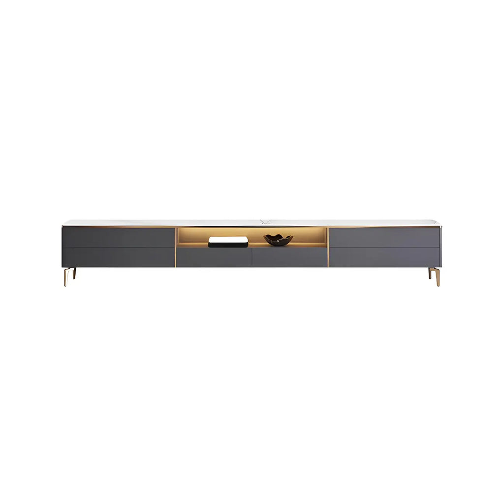 Mobile TV con piano in pietra bianca elegante, illuminazione LED e 63 vani contenitore