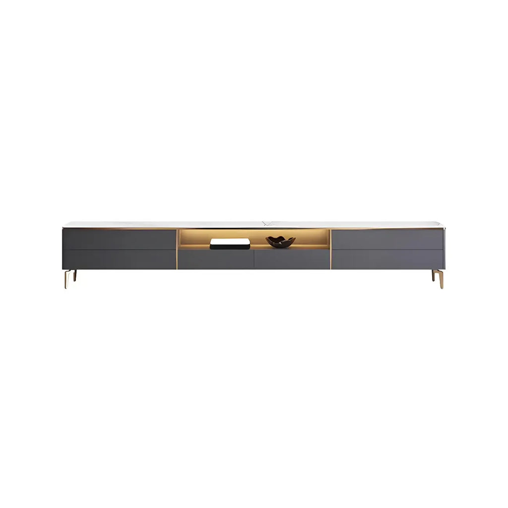 Mobile TV con piano in pietra bianca elegante, illuminazione LED e 63 vani contenitore