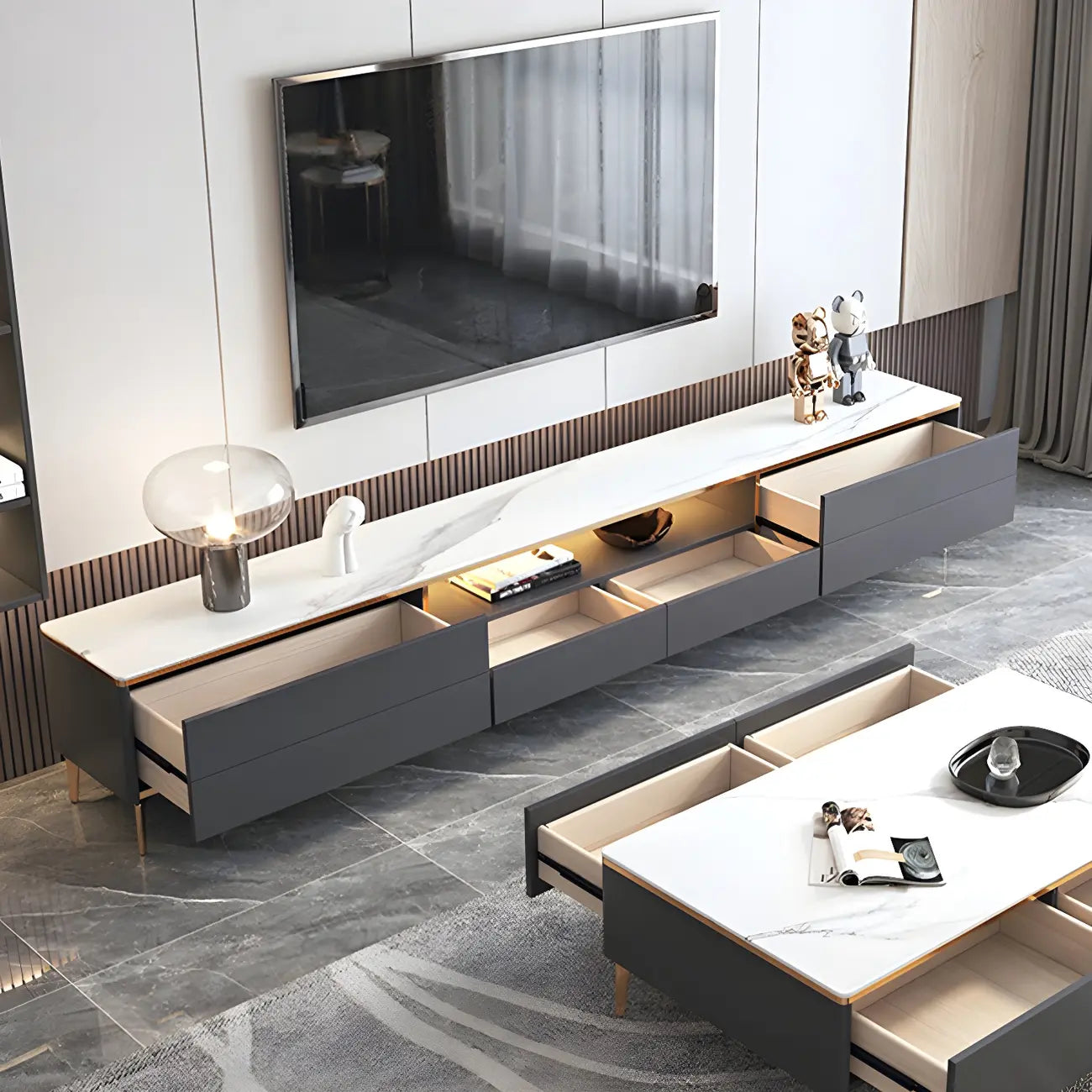 Mobile TV con piano in pietra bianca elegante, illuminazione LED e 63 vani contenitore
