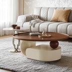 Table basse ronde gigogne avec piètement en métal et tiroirs en bois brun