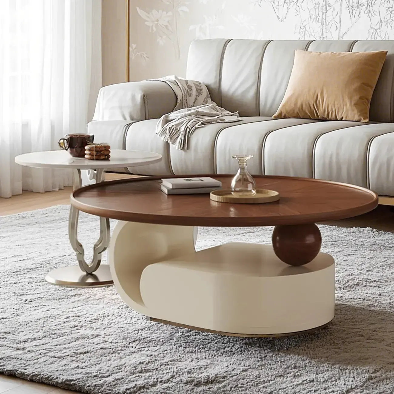 Table basse ronde gigogne avec piètement en métal et tiroirs en bois brun