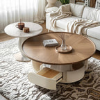 Table basse ronde gigogne avec piètement en métal et tiroirs en bois brun