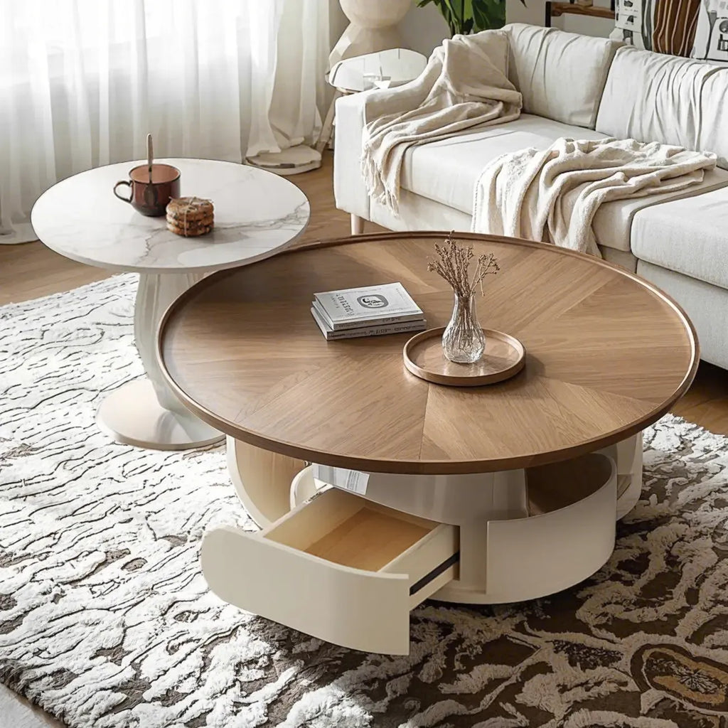 Table basse ronde gigogne avec piètement en métal et tiroirs en bois brun