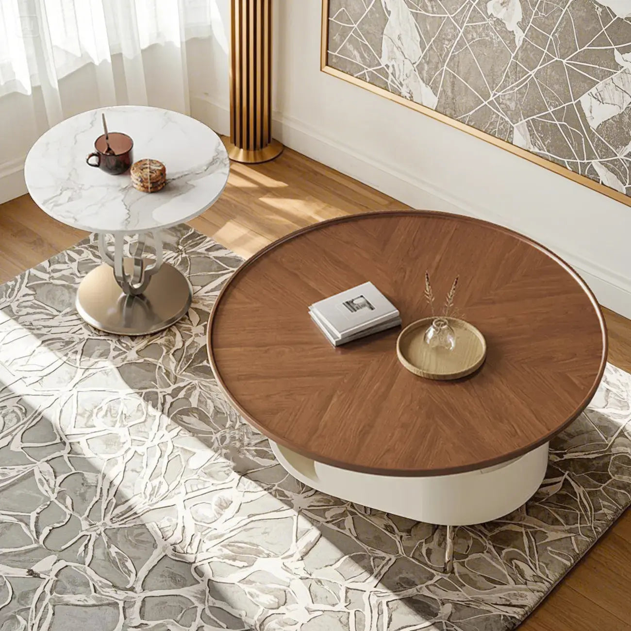 Table basse ronde gigogne avec piètement en métal et tiroirs en bois brun