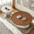 Table basse ronde gigogne avec piètement en métal et tiroirs en bois brun