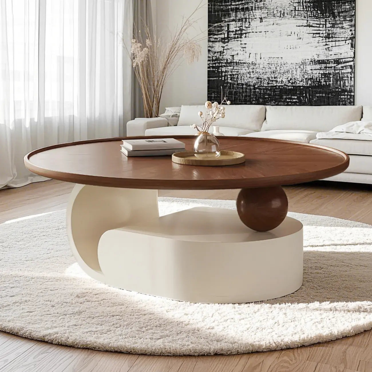 Table basse ronde gigogne avec piètement en métal et tiroirs en bois brun