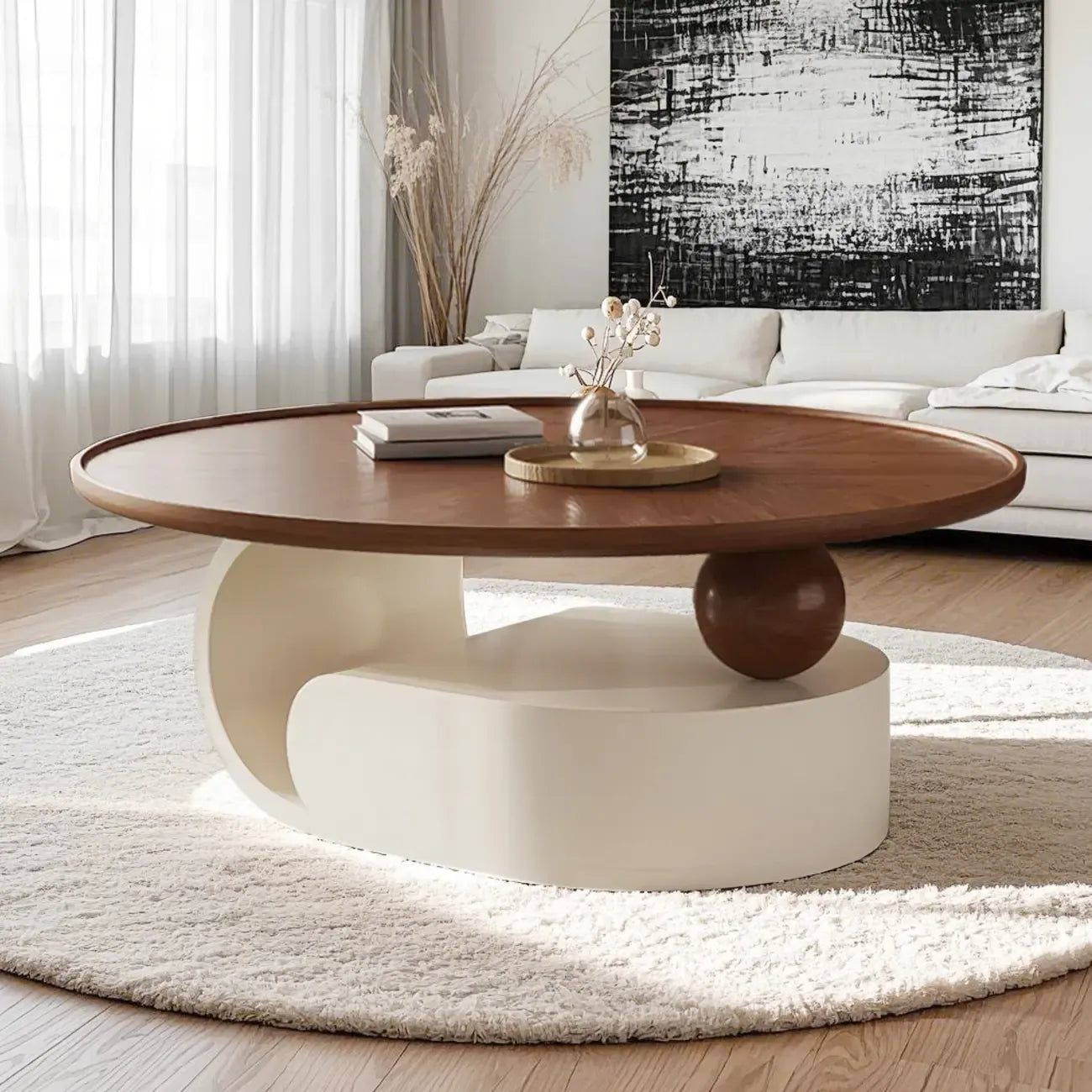 Table basse ronde gigogne avec piètement en métal et tiroirs en bois brun