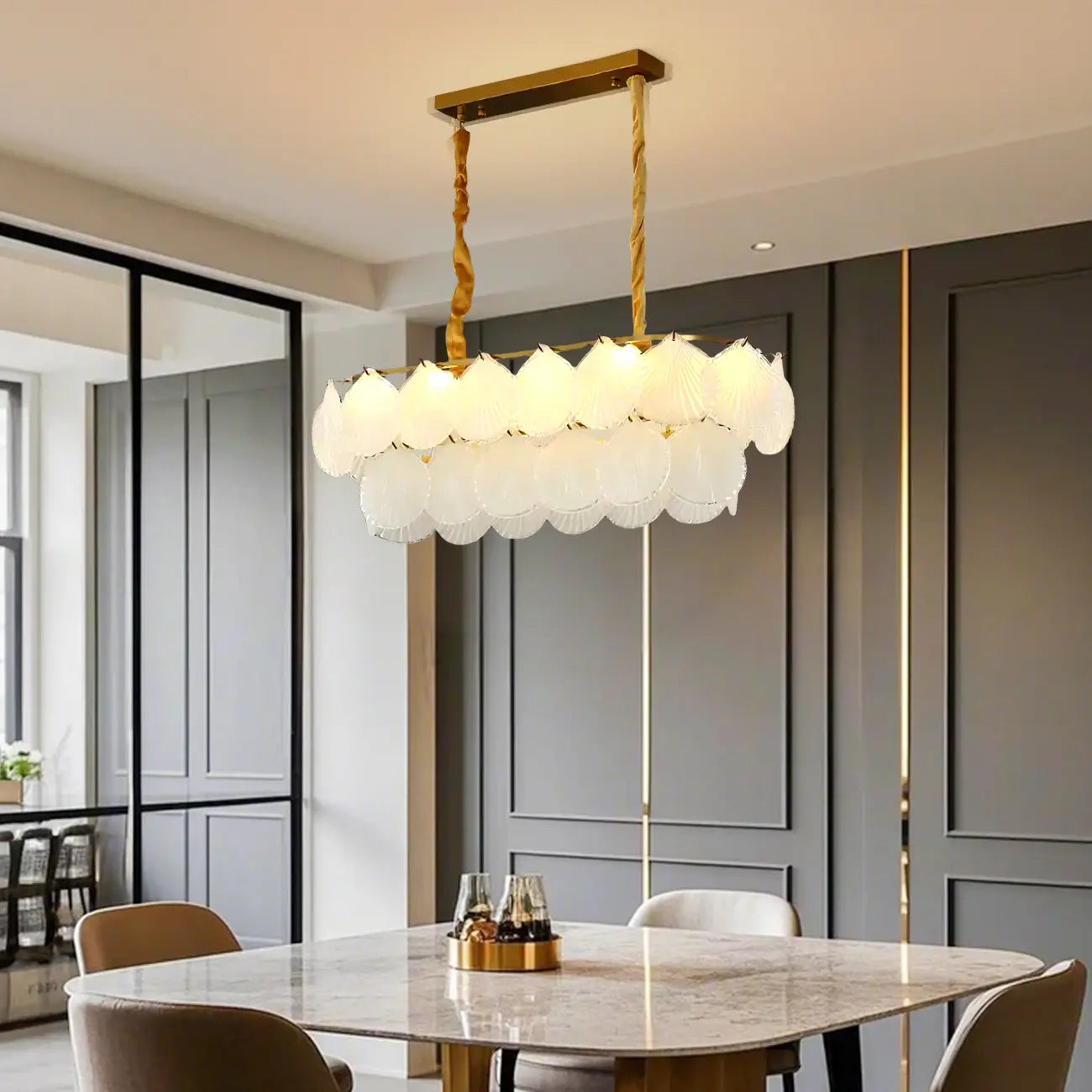 Lustre moderne en verre doré pour îlot central, avec 8 lumières