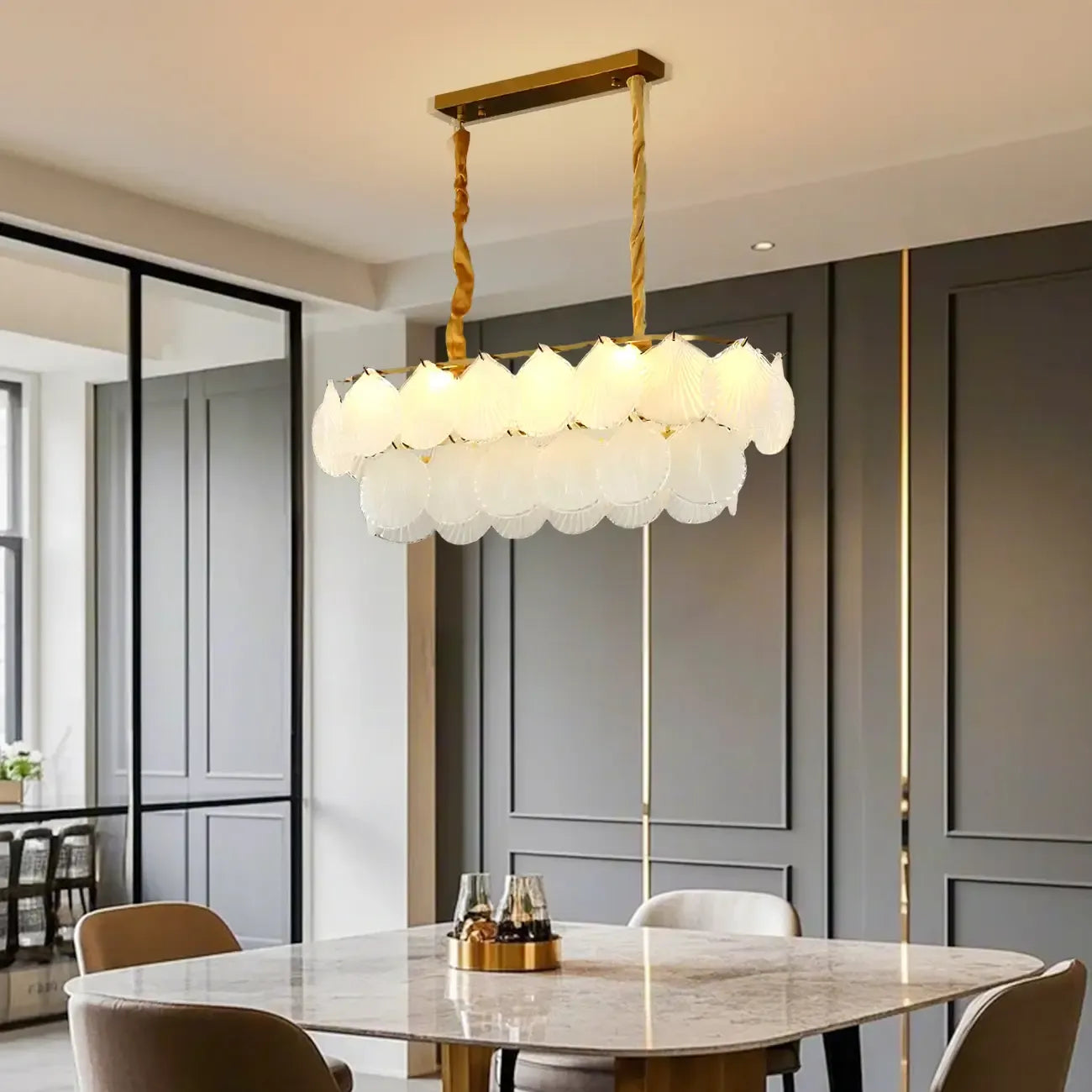 Lustre moderne en verre doré pour îlot central, avec 8 lumières