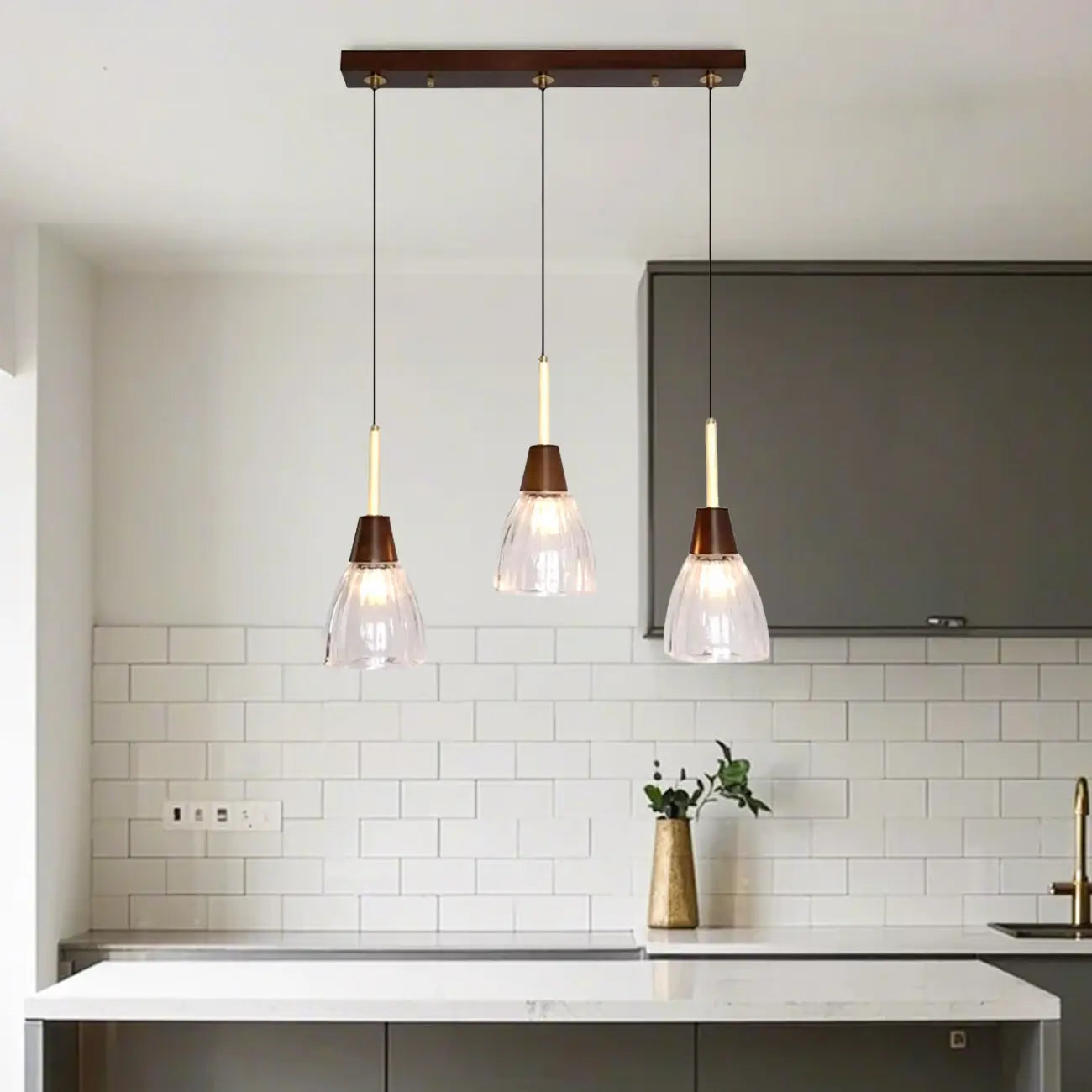 Suspension moderne en verre dôme pour îlot de cuisine, coloris noyer