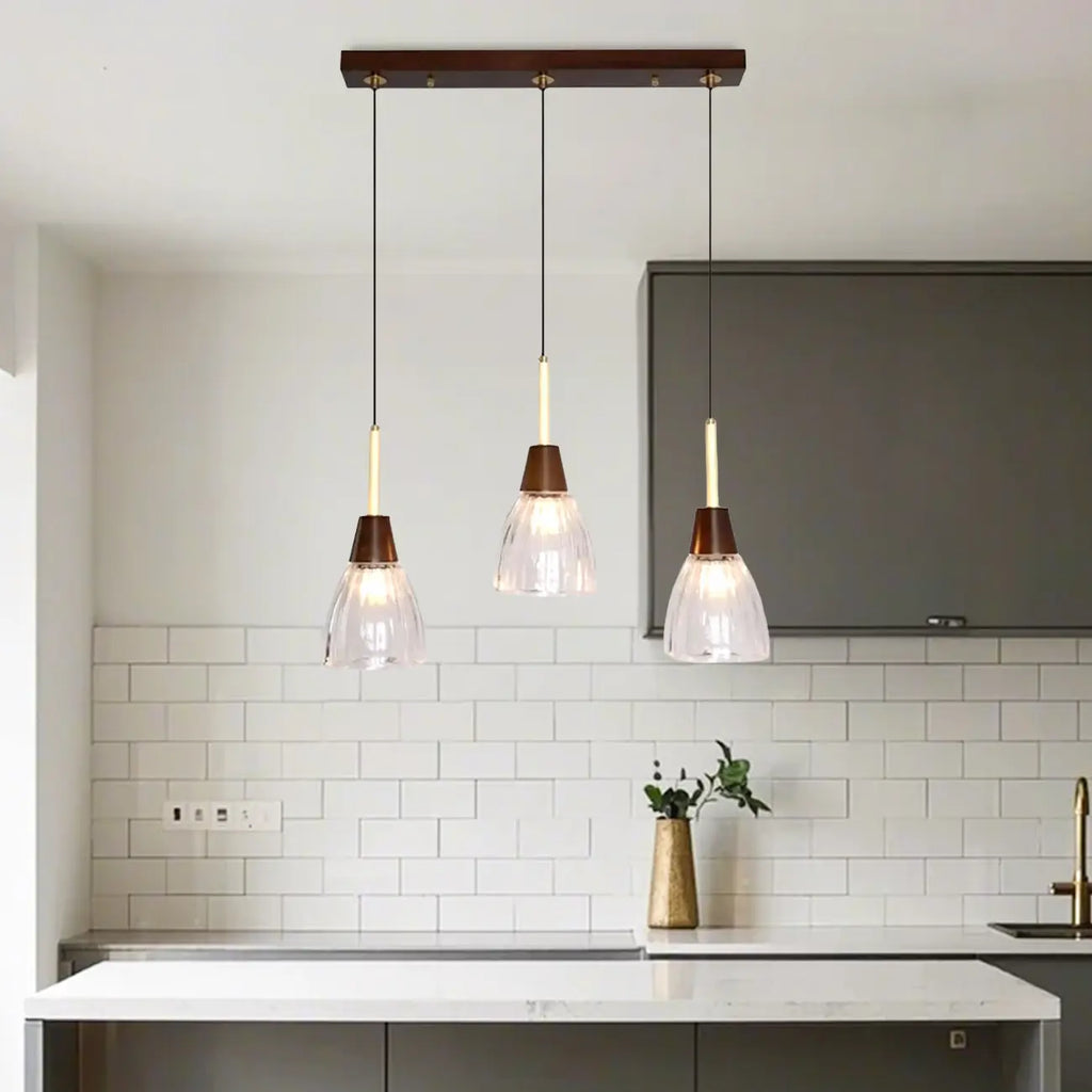 Suspension moderne en verre dôme pour îlot de cuisine, coloris noyer