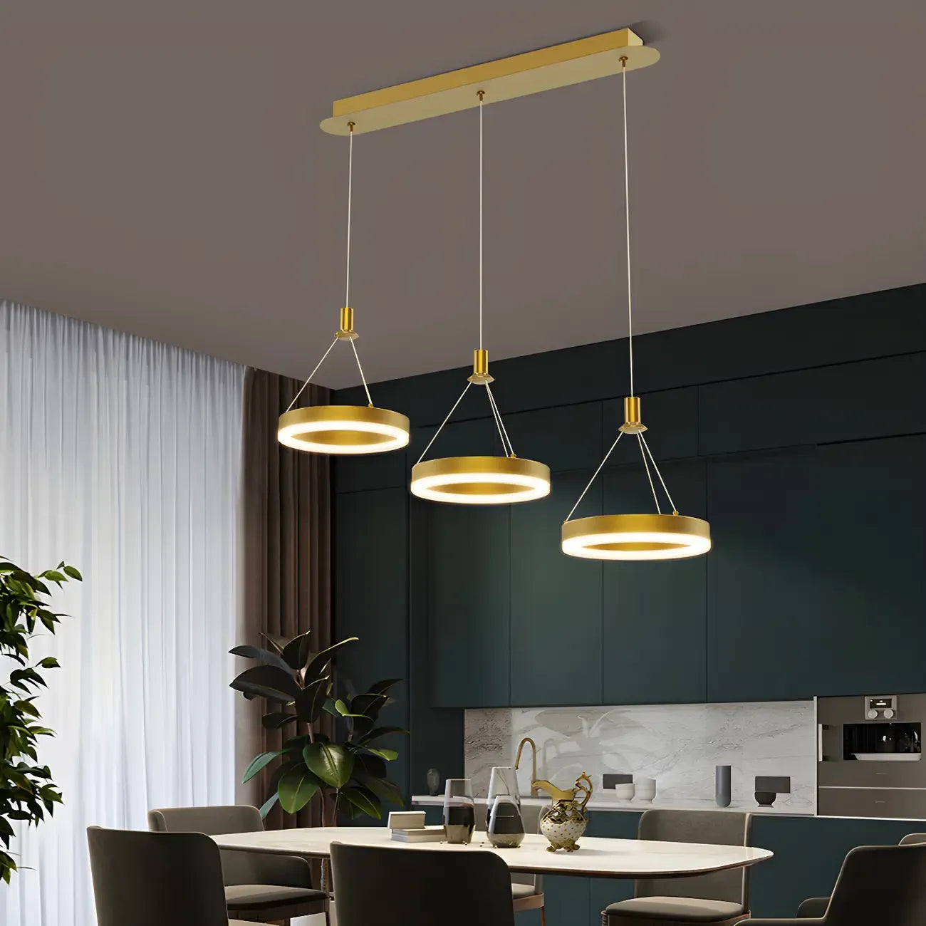 Suspension géométrique à 3 lumières LED en laiton pour îlot de cuisine
