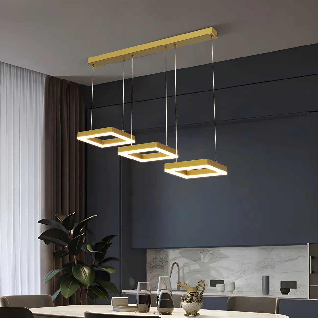 Suspension géométrique à 3 lumières LED en laiton pour îlot de cuisine