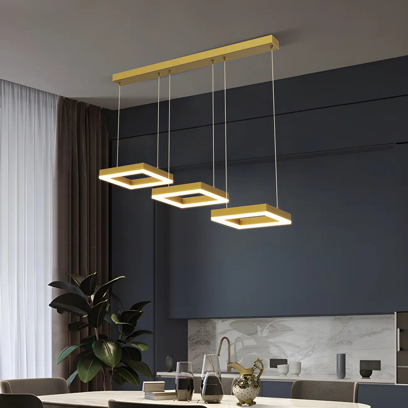 Suspension géométrique à 3 lumières LED en laiton pour îlot de cuisine