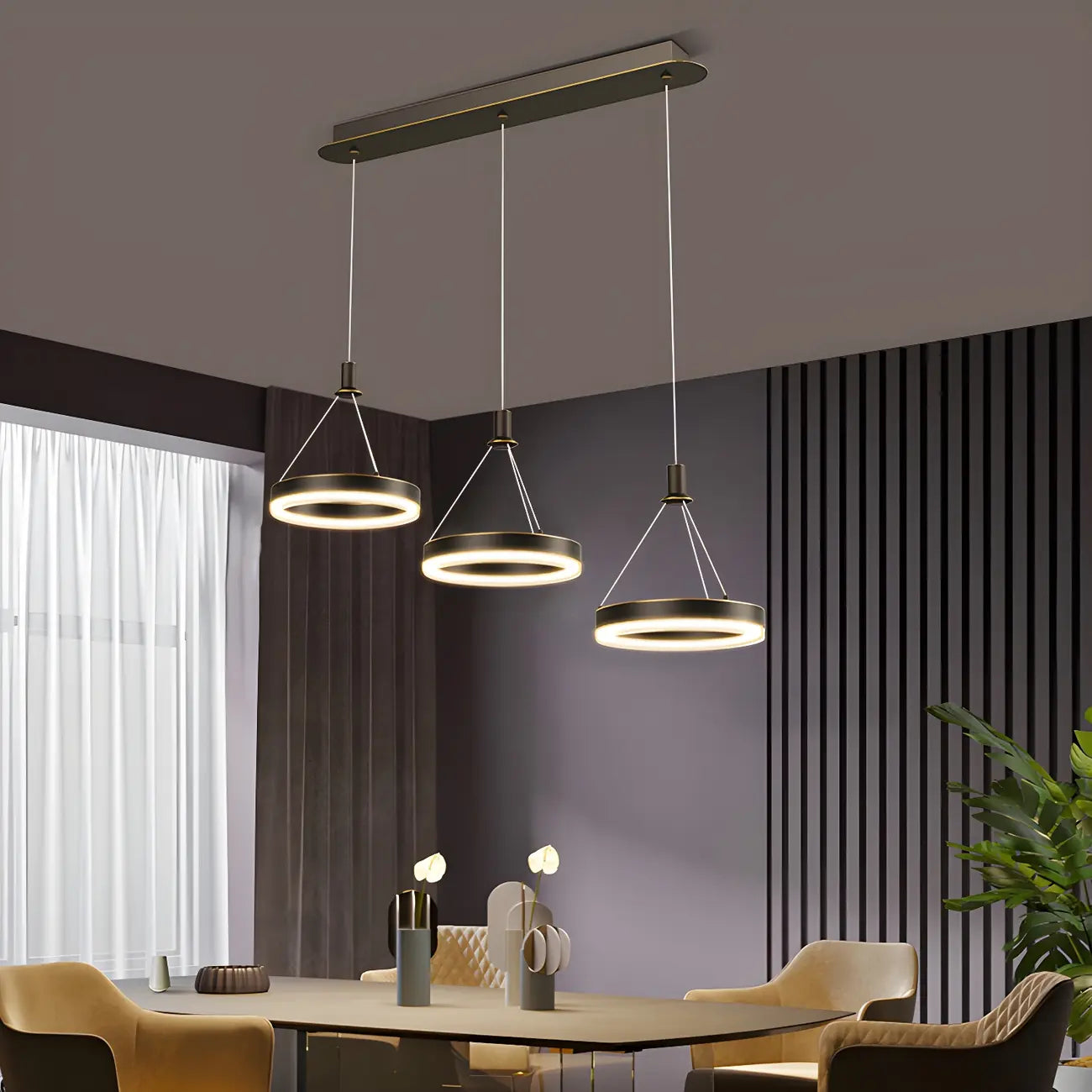 Suspension géométrique à 3 lumières LED en laiton pour îlot de cuisine