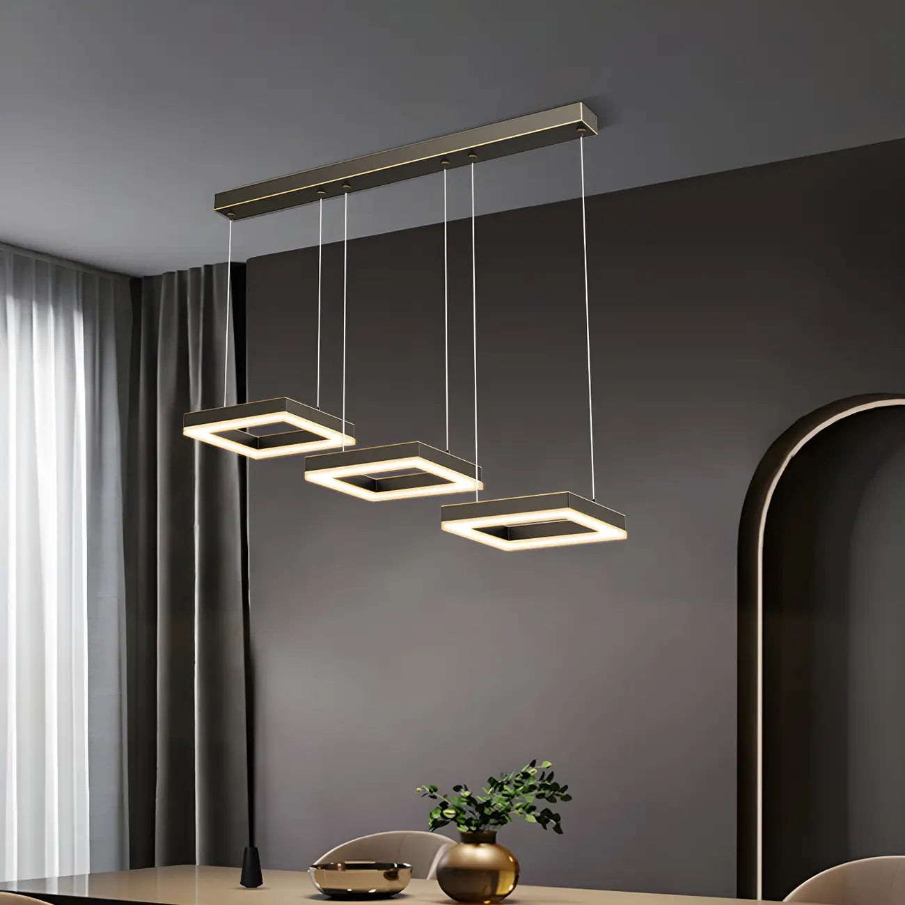 Suspension géométrique à 3 lumières LED en laiton pour îlot de cuisine