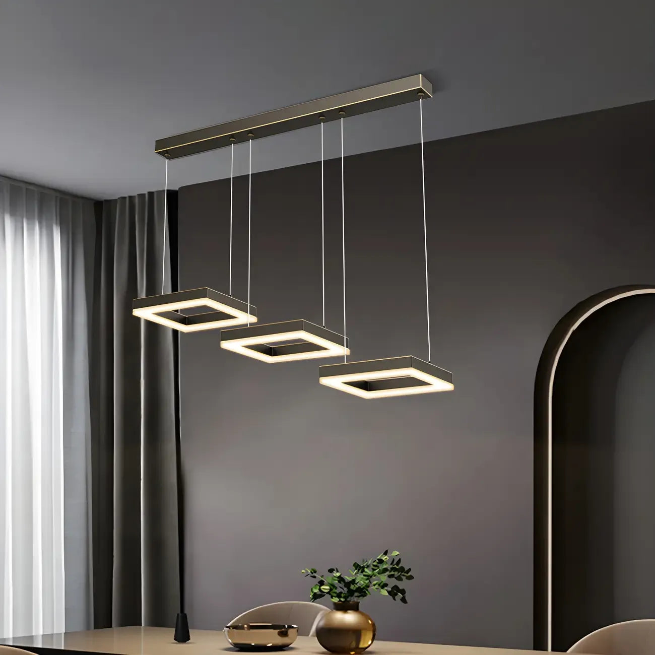 Suspension géométrique à 3 lumières LED en laiton pour îlot de cuisine