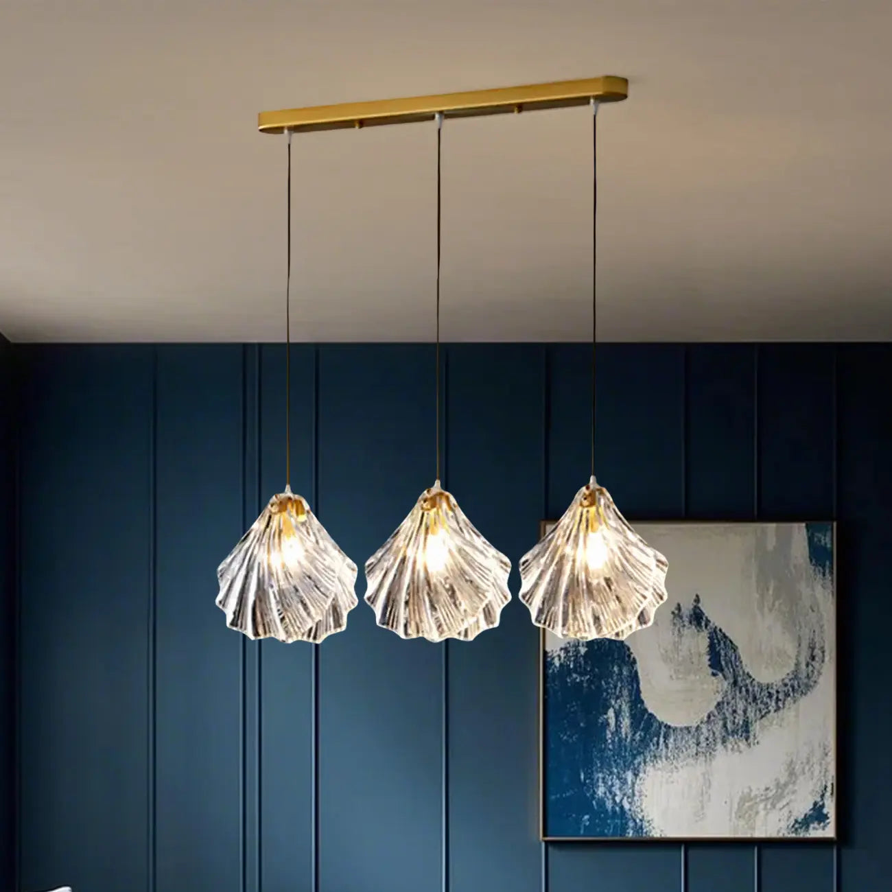 Suspension îlot contemporaine en verre à 3 lumières réglables