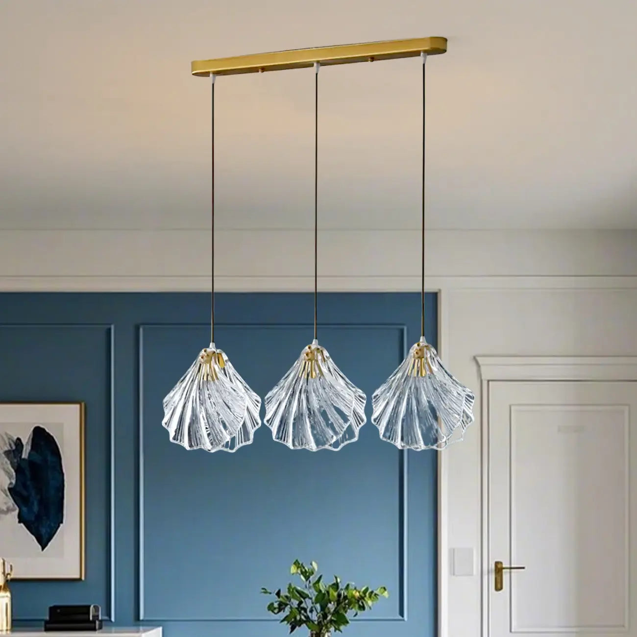 Suspension îlot contemporaine en verre à 3 lumières réglables