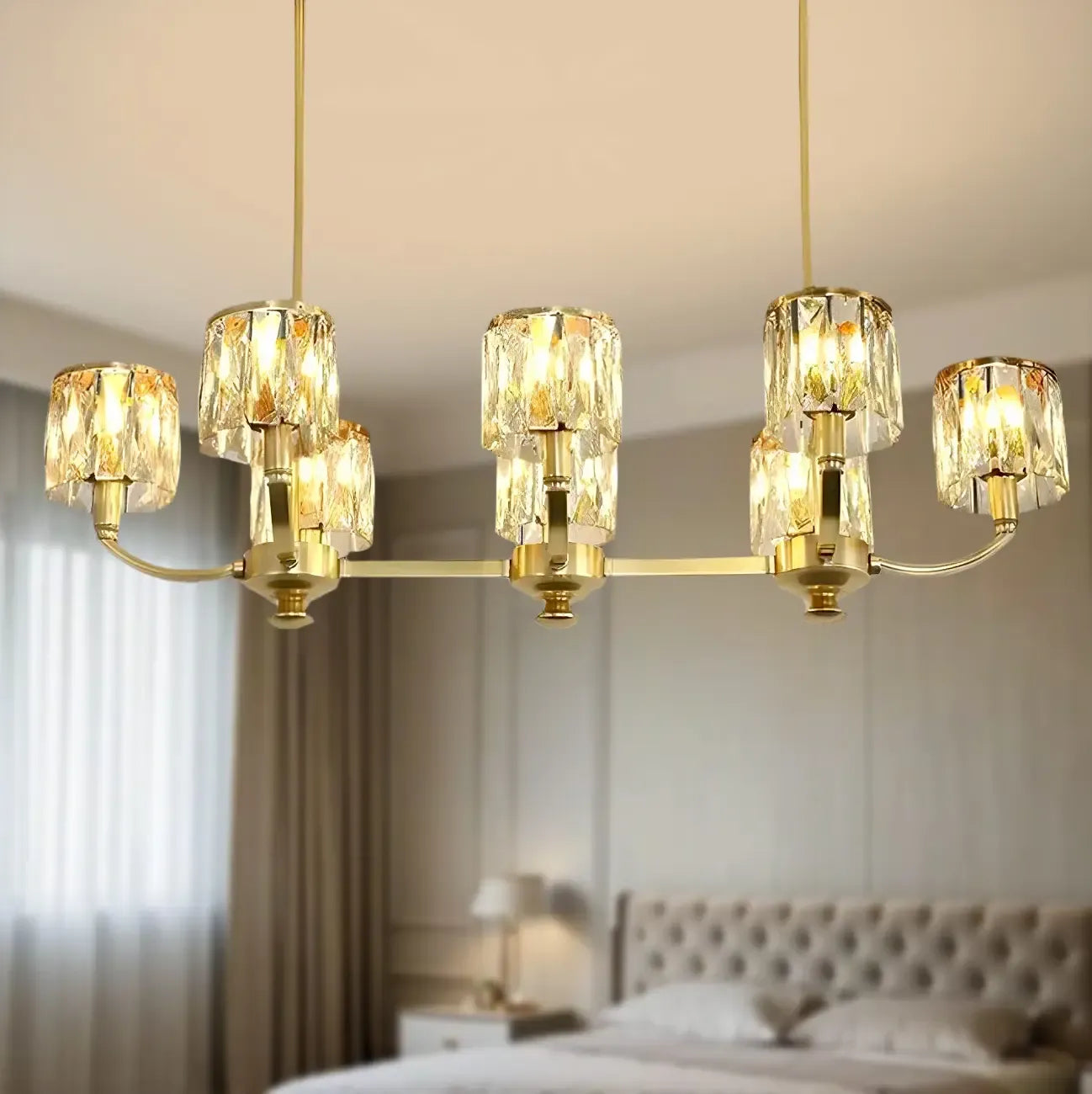 Suspension cylindrique moderne en cristal doré pour îlot de cuisine