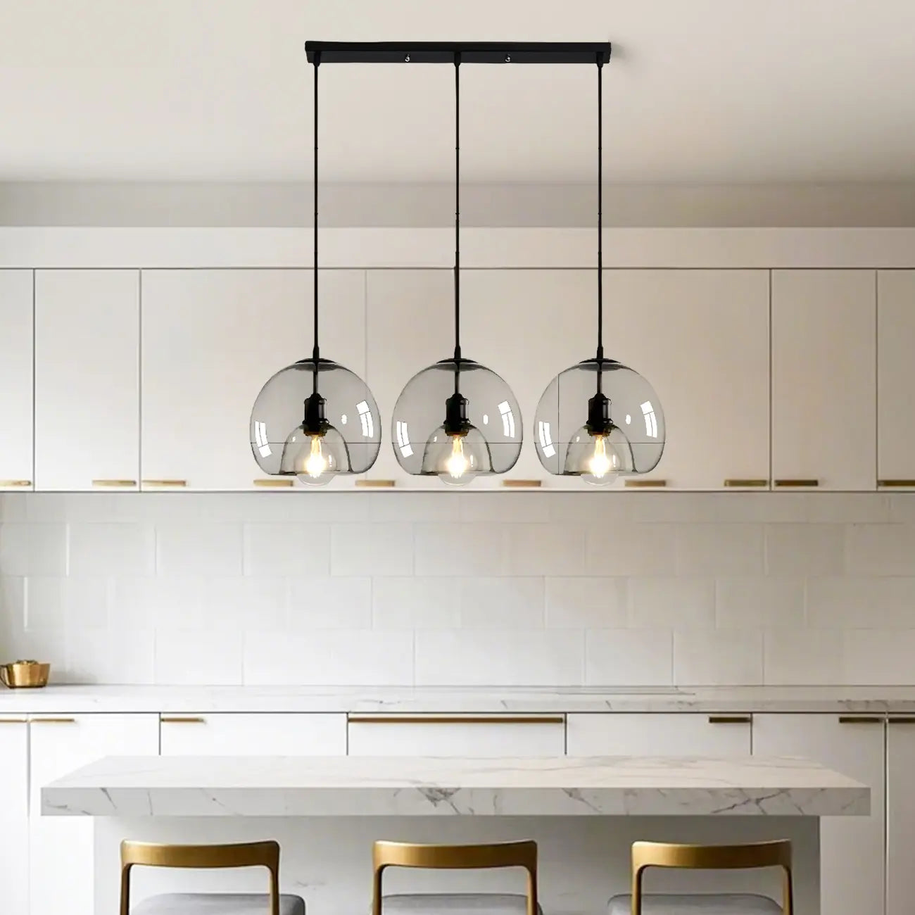 Suspension moderne à 3 lumières en sphère de verre pour îlot de cuisine