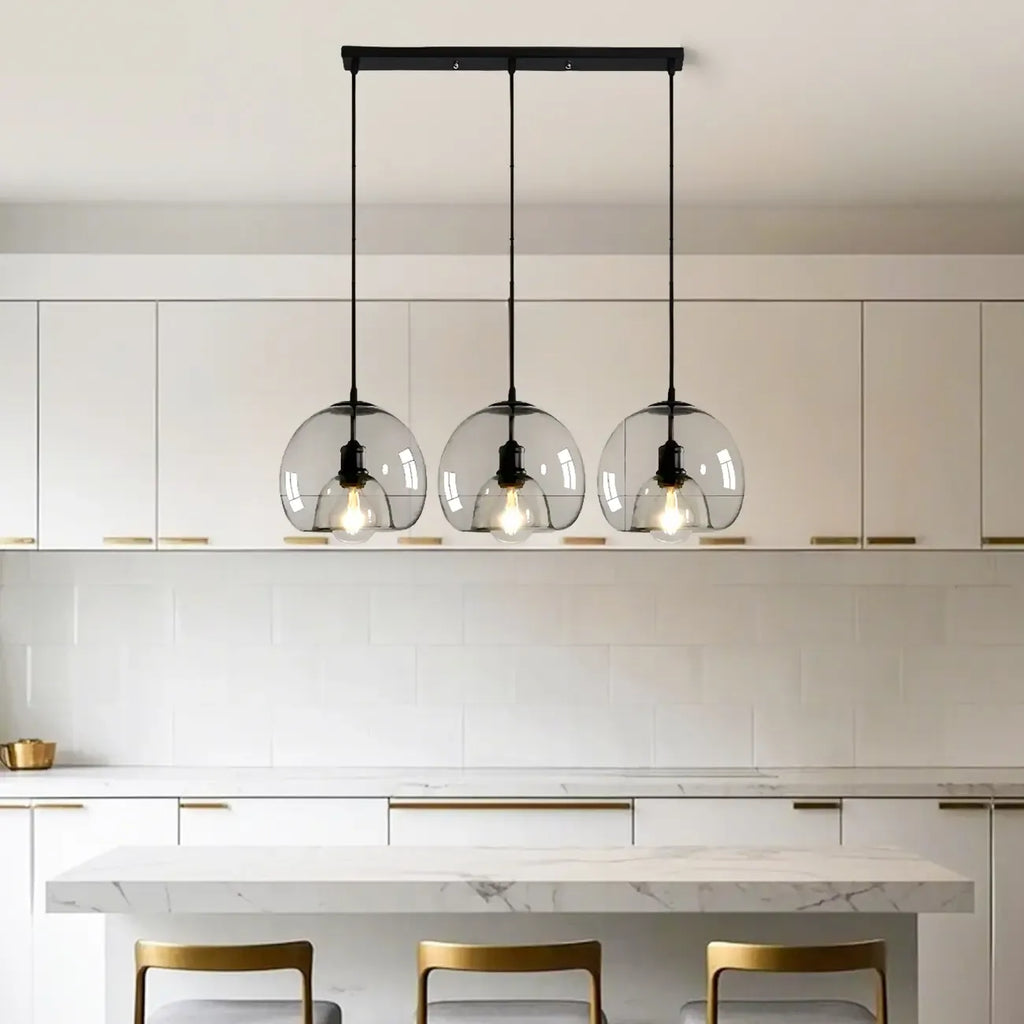 Suspension moderne à 3 lumières en sphère de verre pour îlot de cuisine