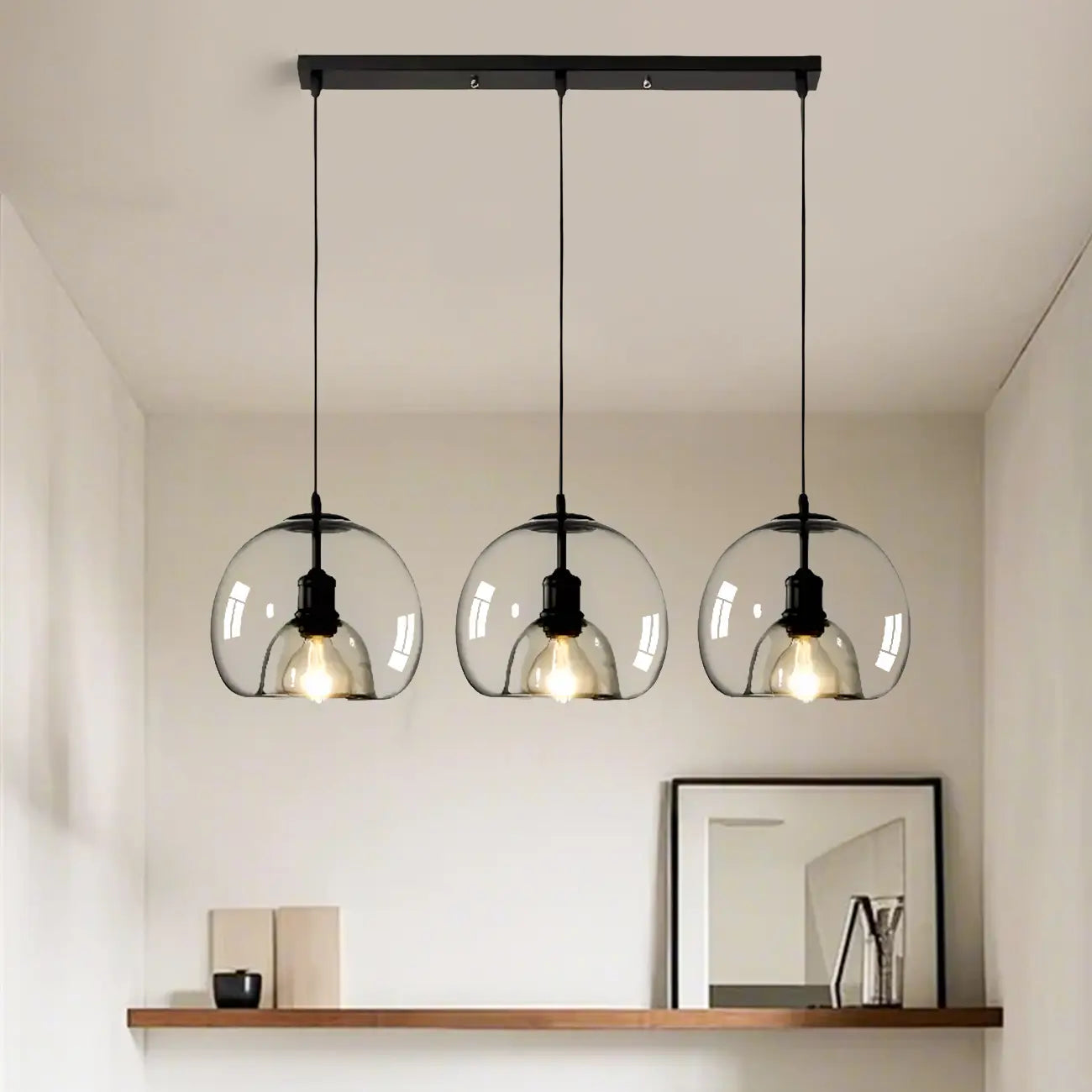 Suspension moderne à 3 lumières en sphère de verre pour îlot de cuisine