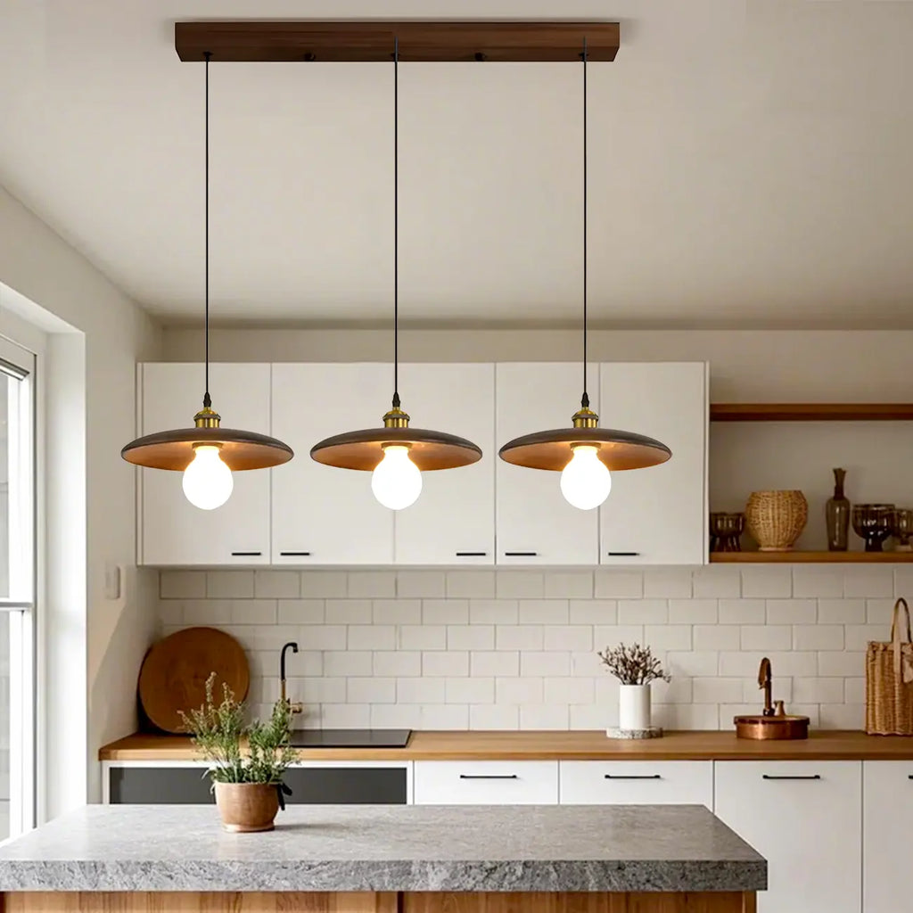 Suspension géométrique en bois de noyer pour îlot de cuisine